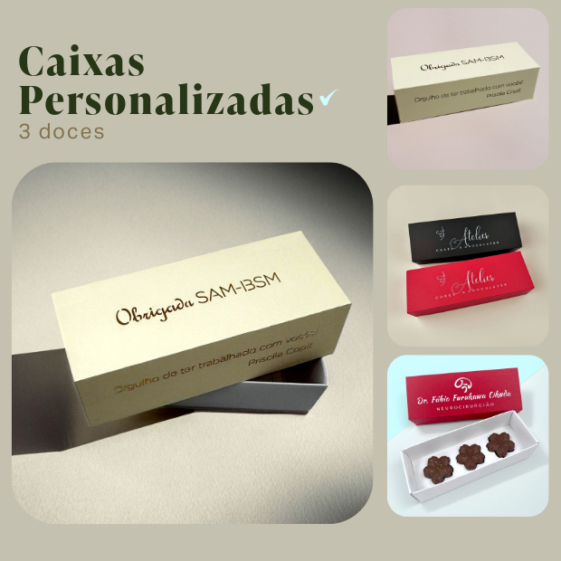 Caixa 03 doces para personalizar  (*mínimo 30 unidades por modelo e cor).