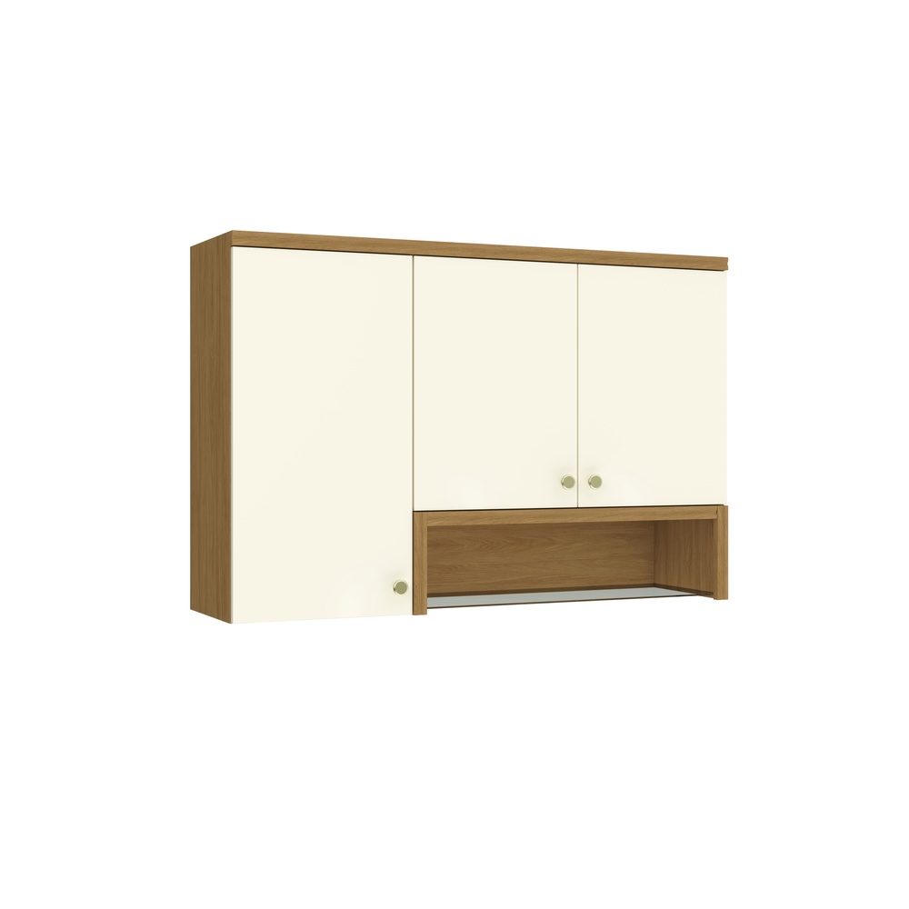 Armário Aéreo Alto 120cm 3 Portas Mdf Mascavo / Champanhe C/ Nicho Externo Prateleira de Vidro Linha Mira 4611