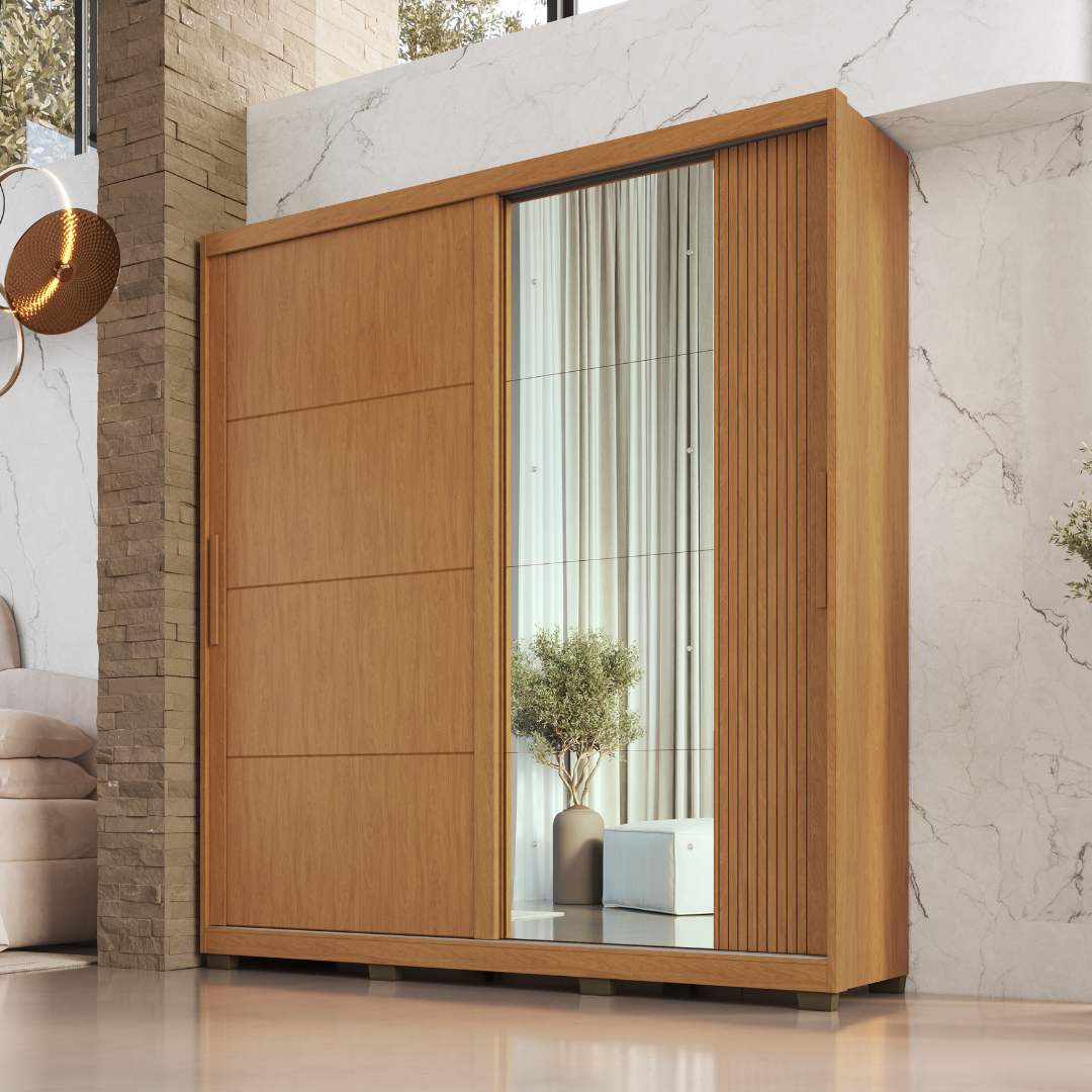 Roupeiro Lúmen 220cm 2 Portas 4 Gavetas Mdf Nature / Nature / Champanhe  C/ Grafiatto C/ Espelho 526