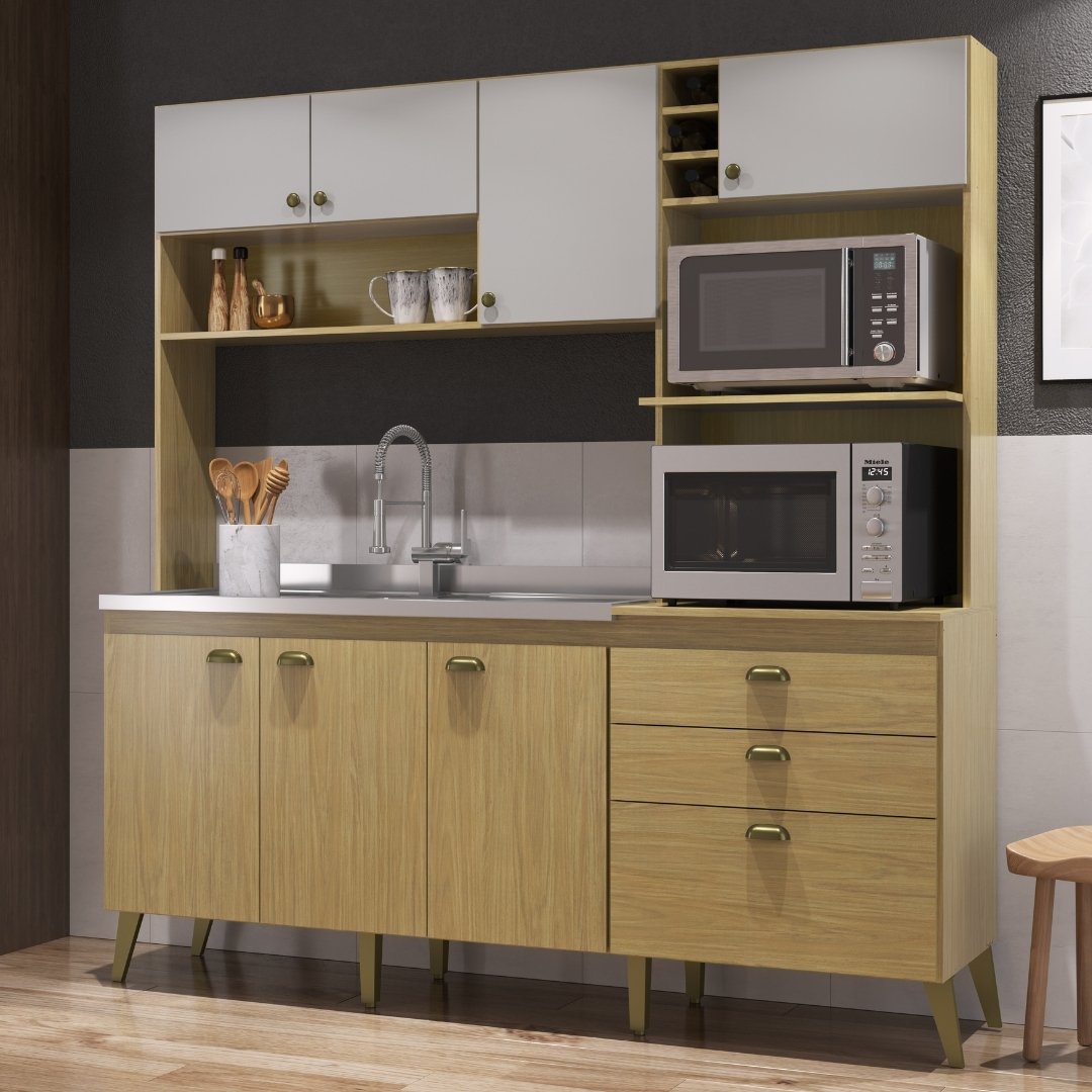 Cozinha Compacta Donna 186,5cm 8 Portas 2 Gavetas Mdp Louro Freijó / Off White C/ Nicho P/ Micro-ondas e Forno Elétrico e Adega 299