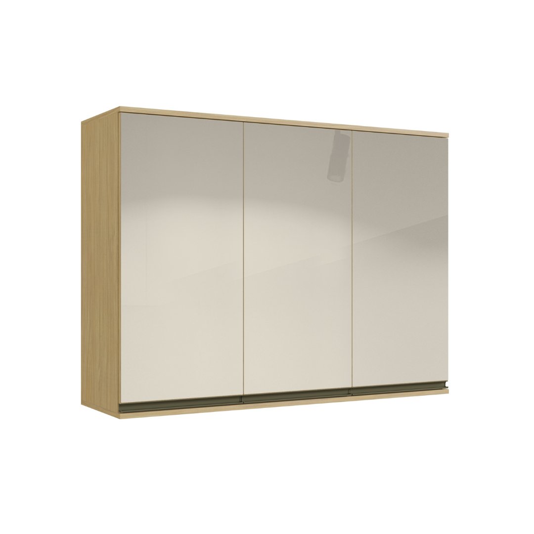 Armário Aéreo Alto 120cm 3 Portas Vidro Colado Champanhe Mdf Louro Freijó / Louro Freijó Linha Nova Dubai 3902