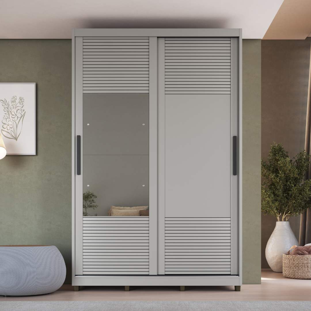 Roupeiro Thales 150cm 2 Portas 3 Gavetas Mdf Cinza / Cinza Grafiatto C/ Espelho 521