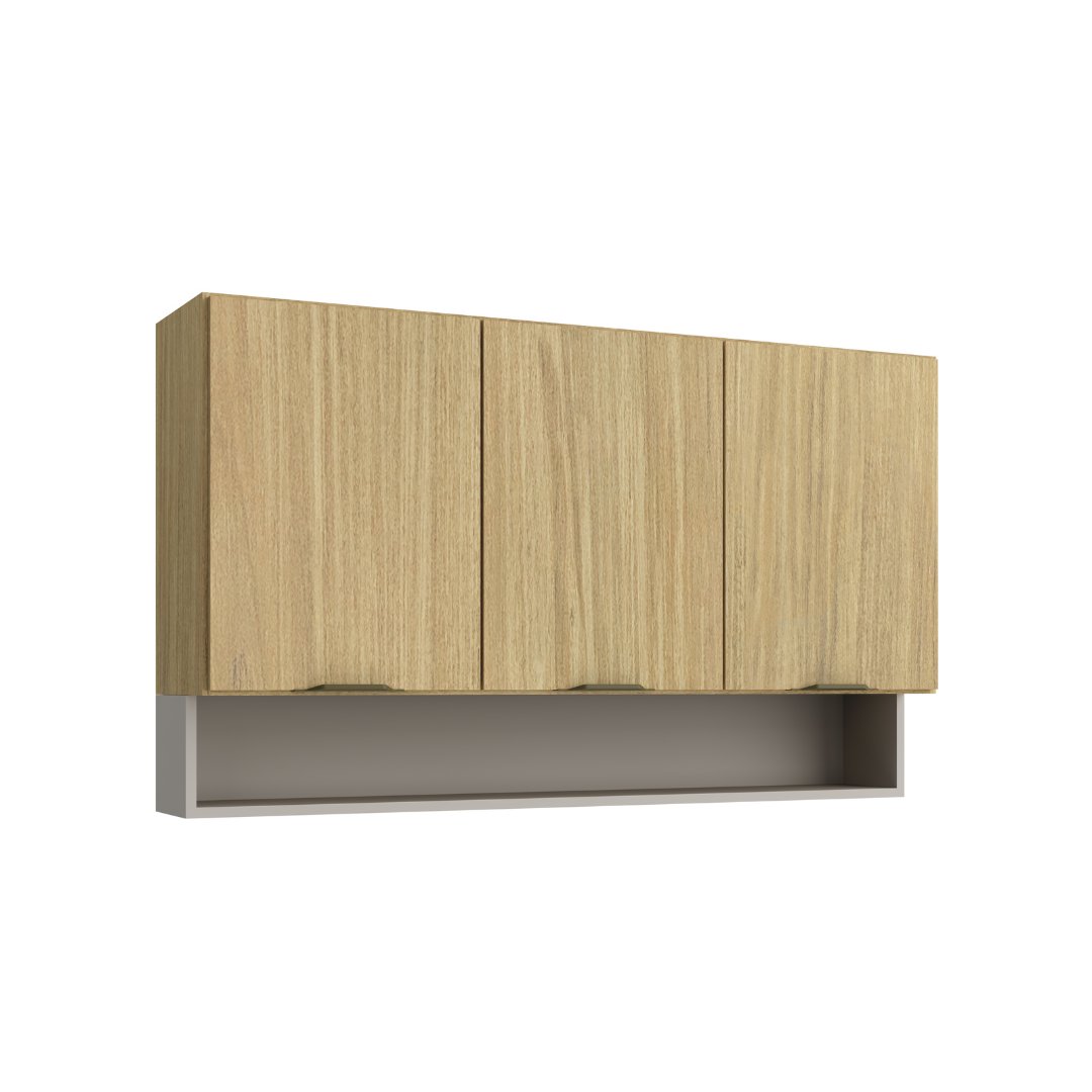 Armário Aéreo Alto 120cm 3 Portas Mdf Louro Freijó / Cinza C/ Nicho Externo Linha Ibiza 4311
