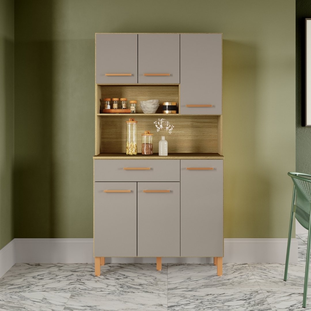 Kit de Cozinha 287 90cm 6 Portas 1 Gaveta Mdp Louro Freijó / Cinza C/ Tampo