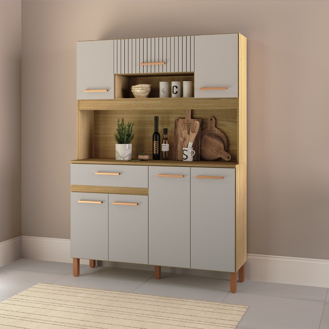 Kit de Cozinha 288 120cm 7 Portas 1 Gaveta Mdp Louro Freijó / Cinza C/ Tampo Espaço P/ Micro-ondas