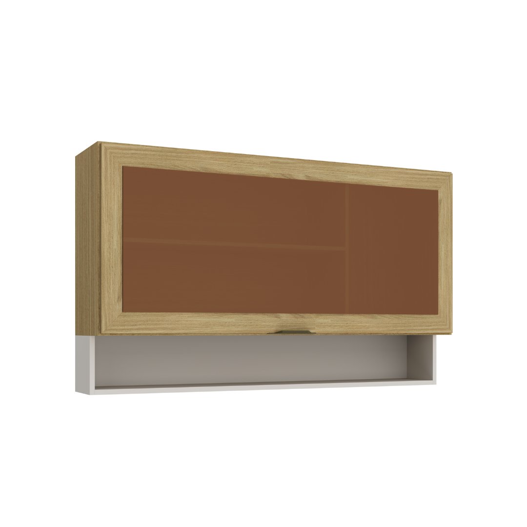 Armário Aéreo Alto 120cm 1 Porta Basculante Vidro Reflecta Mdf Louro Freijó / Cinza C/ Nicho Externo Linha Ibiza 4319