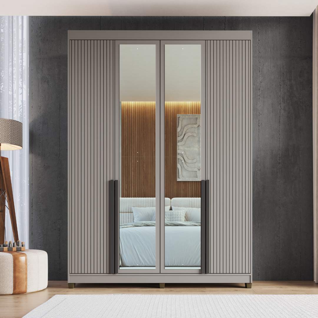 Roupeiro Newton 168cm 4 Portas 2 Gavetas Mdf Cinza / Cinza Grafiatto C/ Espelho 524