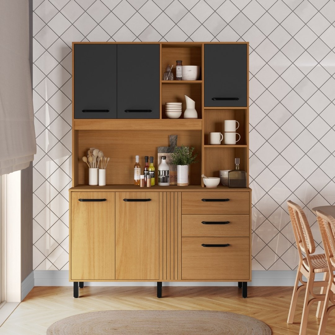 Kit de Cozinha Luna 140cm 6 Portas 2 Gavetas Mdp Nature / Grafite C/ Tampo 596