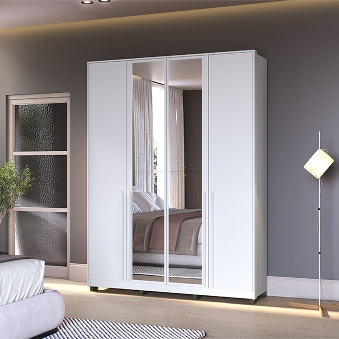 Roupeiro Órion 168cm 4 Portas 2 Gavetas Mdf Branco / Branco  C/ Espelho 522