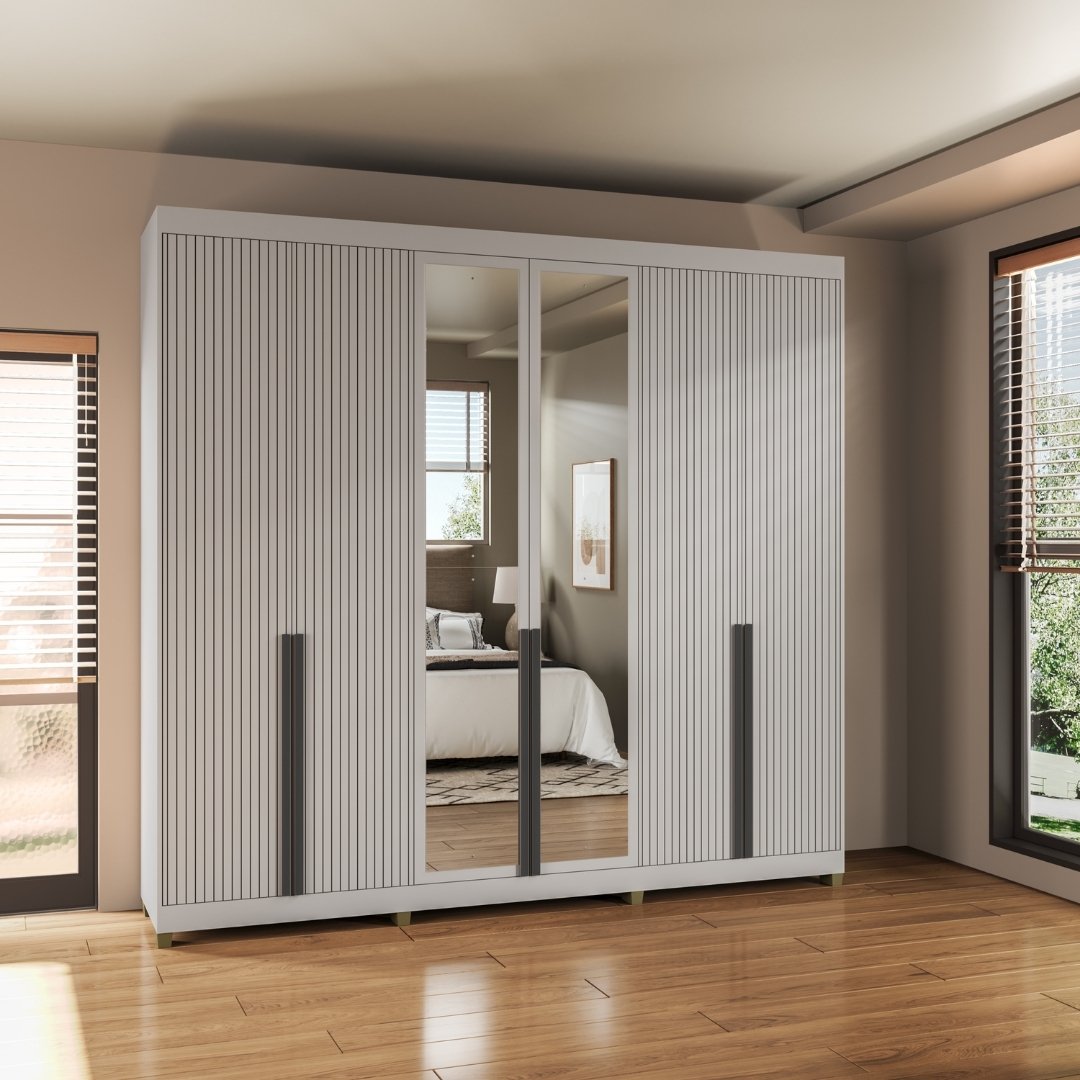 Roupeiro Newton 250cm 6 Portas 4 Gavetas Mdf Cinza / Cinza Puxador Cinza Grafiatto C/ Espelho 517