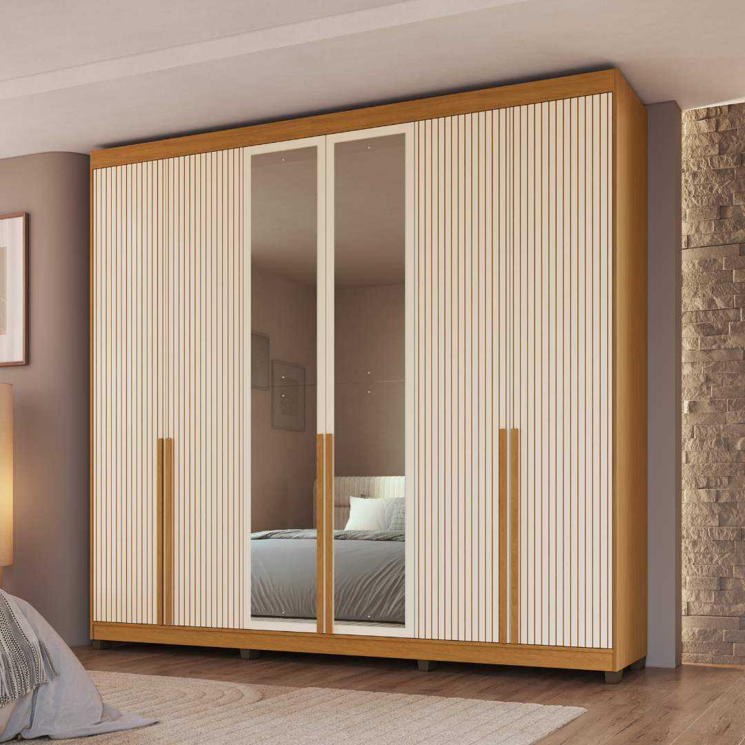 Roupeiro Newton 250cm 6 Portas 4 Gavetas Mdf Nature / Champanhe Puxador Nature Grafiatto C/ Espelho 517
