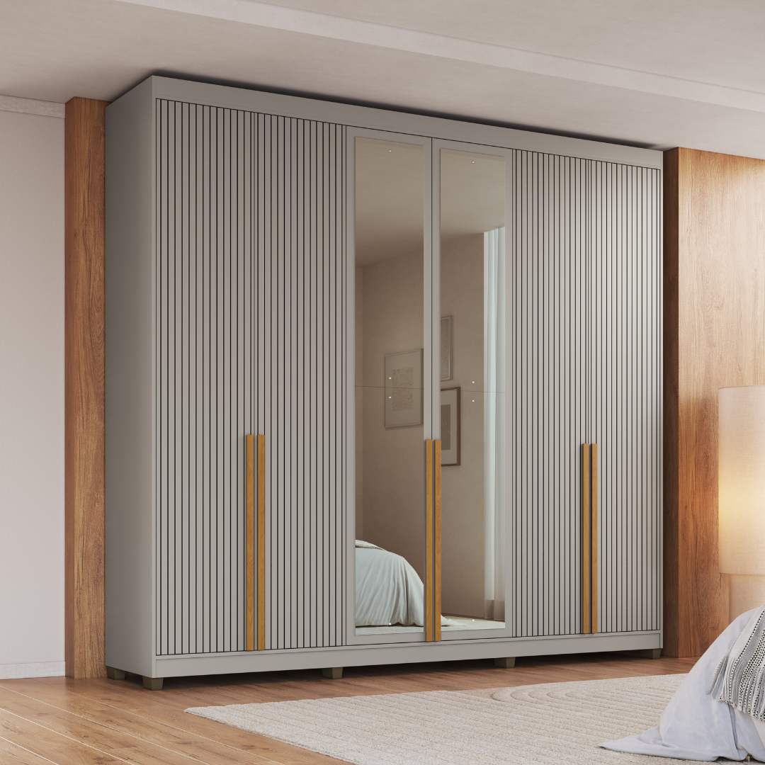 Roupeiro Newton 250cm 6 Portas 4 Gavetas Mdf Cinza / Cinza Puxador Nature Grafiatto C/ Espelho 517