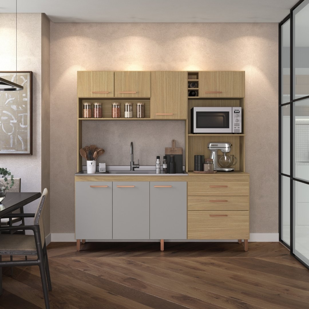 Cozinha Compacta Blume 186,5cm 8 Portas 2 Gavetas Mdp  Louro Freijó / Cinza C/ Nicho P/ Micro-ondas e Forno Elétrico e Adega 172