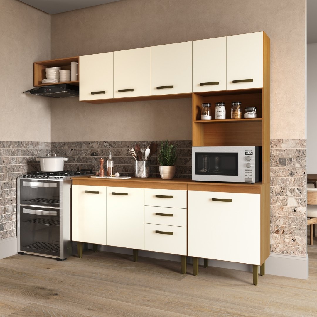 Kit de Cozinha Holly 240cm 9 Portas 2 Gavetas Mdp Nature / Champanhe C/ Tampo Espaço P/ Micro-ondas 615
