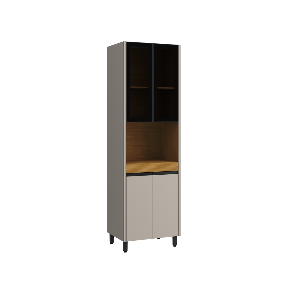 Torre Quente 70cm 4 Portas Mdf Cinza / Cinza C/ Tomada Inclusa C/ Espaço P/ Forno Elétrico Vidro Fumê Linha Alma 4423