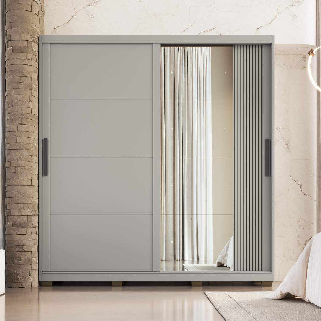 Roupeiro Lúmen 220cm 2 Portas 4 Gavetas Mdf Cinza / Cinza C/ Grafiatto  C/ Espelho 526