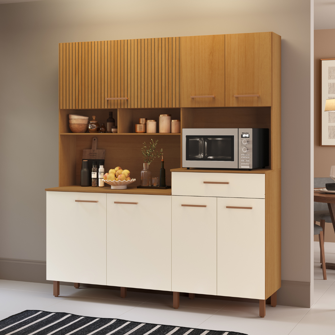 Kit de Cozinha Áurea 175cm 7 Portas 1 Gaveta Mdp Nature / Champanhe C/ Tampo Espaço P/ Micro-ondas 595