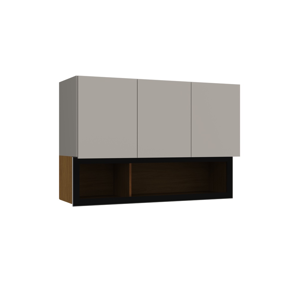 Armário Aéreo Alto 120cm 4 Portas Mdf Cinza / Mascavo C/ Vidro Fumê C/ Fita de Led Linha Alma 4419