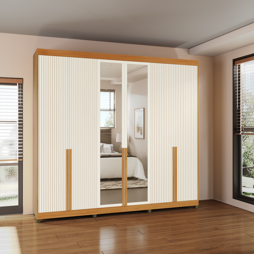Roupeiro Newton 250cm 6 Portas 4 Gavetas Mdf Nature / Champanhe Puxador Nature Grafiatto C/ Espelho 517