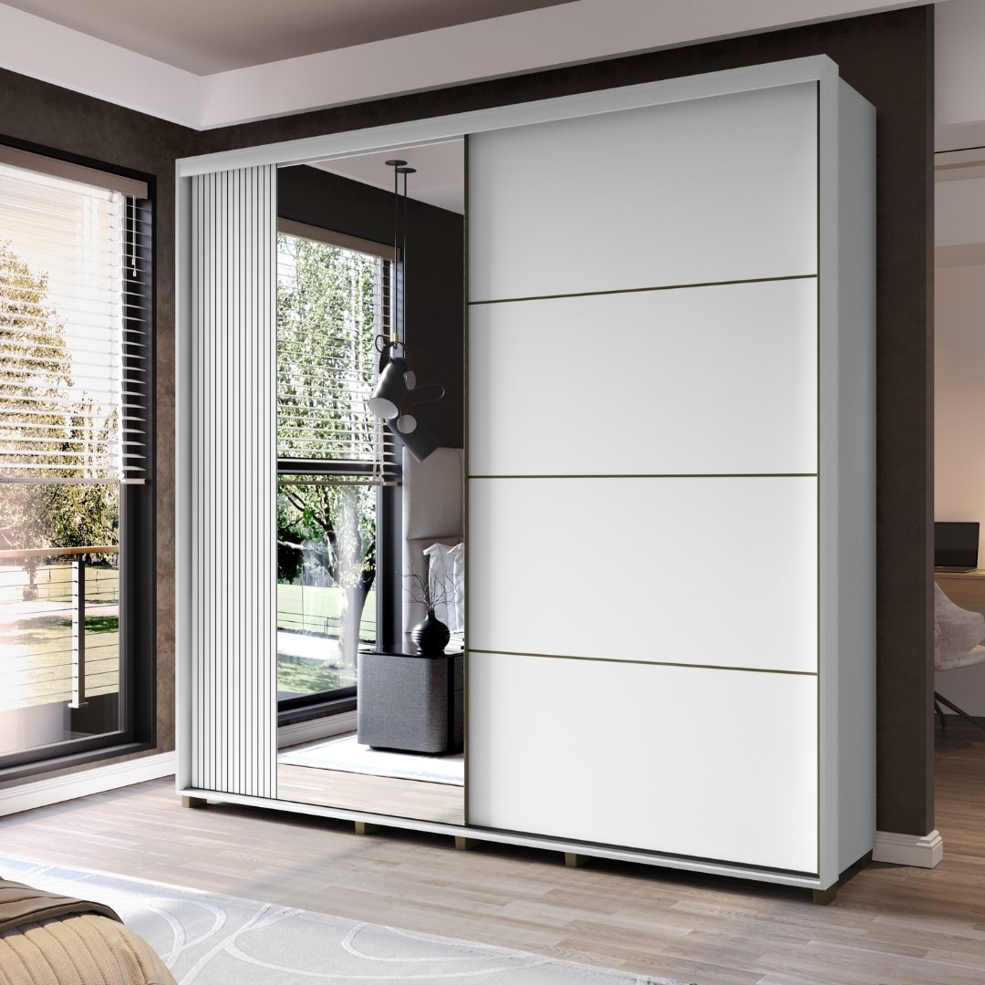 Roupeiro Tesla 240cm 2 Portas 4 Gavetas Mdf Branco / Branco Grafiatto C/ Espelho 501