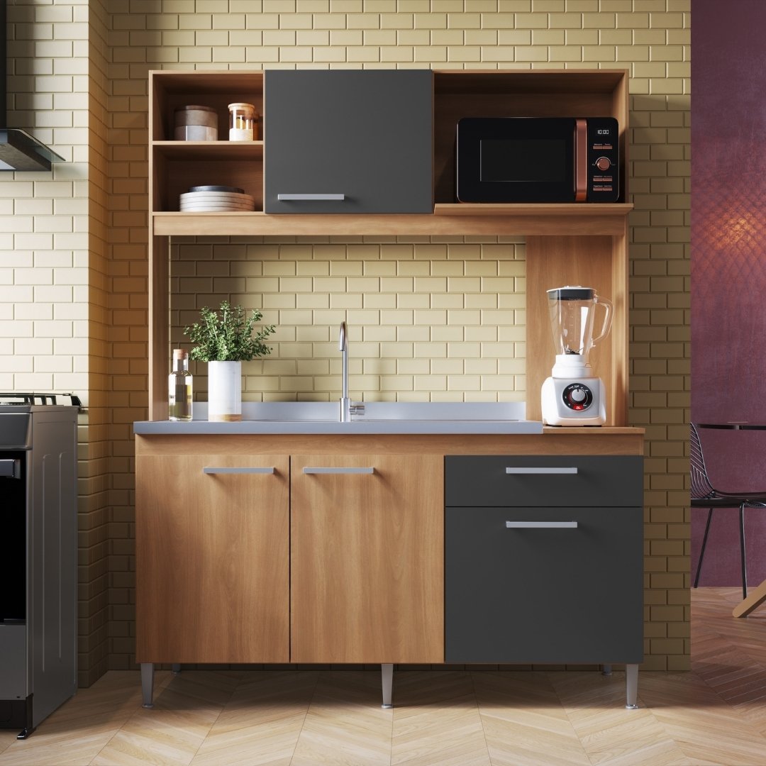 Cozinha Compacta Beauty 151,5cm 4 Portas 1 Gaveta Mdp Rovere / Grafite  S/tampo C/ Nicho P/ Micro-ondas 193