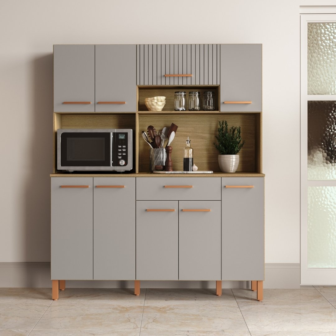 Kit de Cozinha 289 140cm 9 Portas 1 Gaveta Mdp Louro Freijó / Cinza C/ Tampo Espaço P/ Micro-ondas