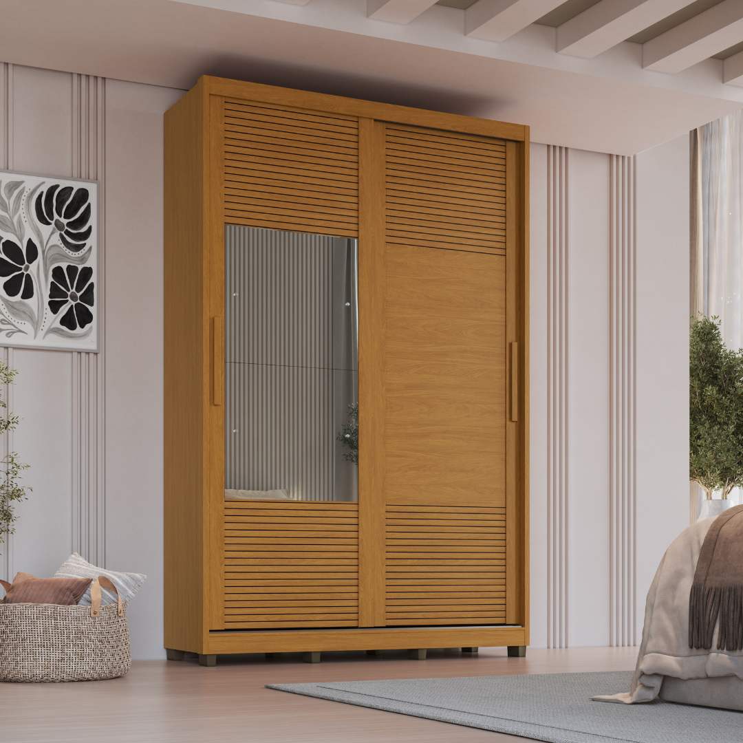 Roupeiro Thales 150cm 2 Portas 3 Gavetas Mdf Nature / Nature Grafiatto C/ Espelho 521