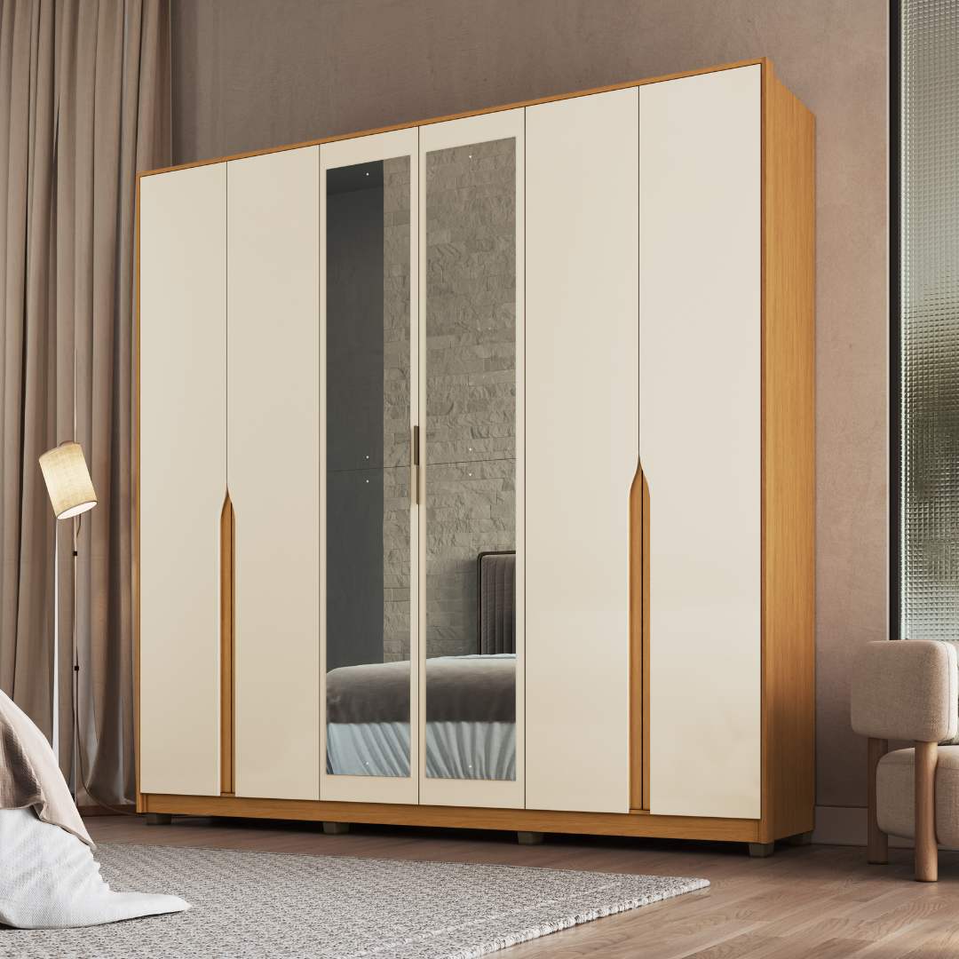 Roupeiro Voltaire 235,5cm 6 Portas 4 Gavetas Mdf Nature / Champanhe C/ Espelho 525