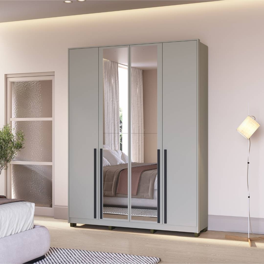 Roupeiro Órion 168cm 4 Portas 2 Gavetas Mdf Cinza / Cinza C/ Espelho 522