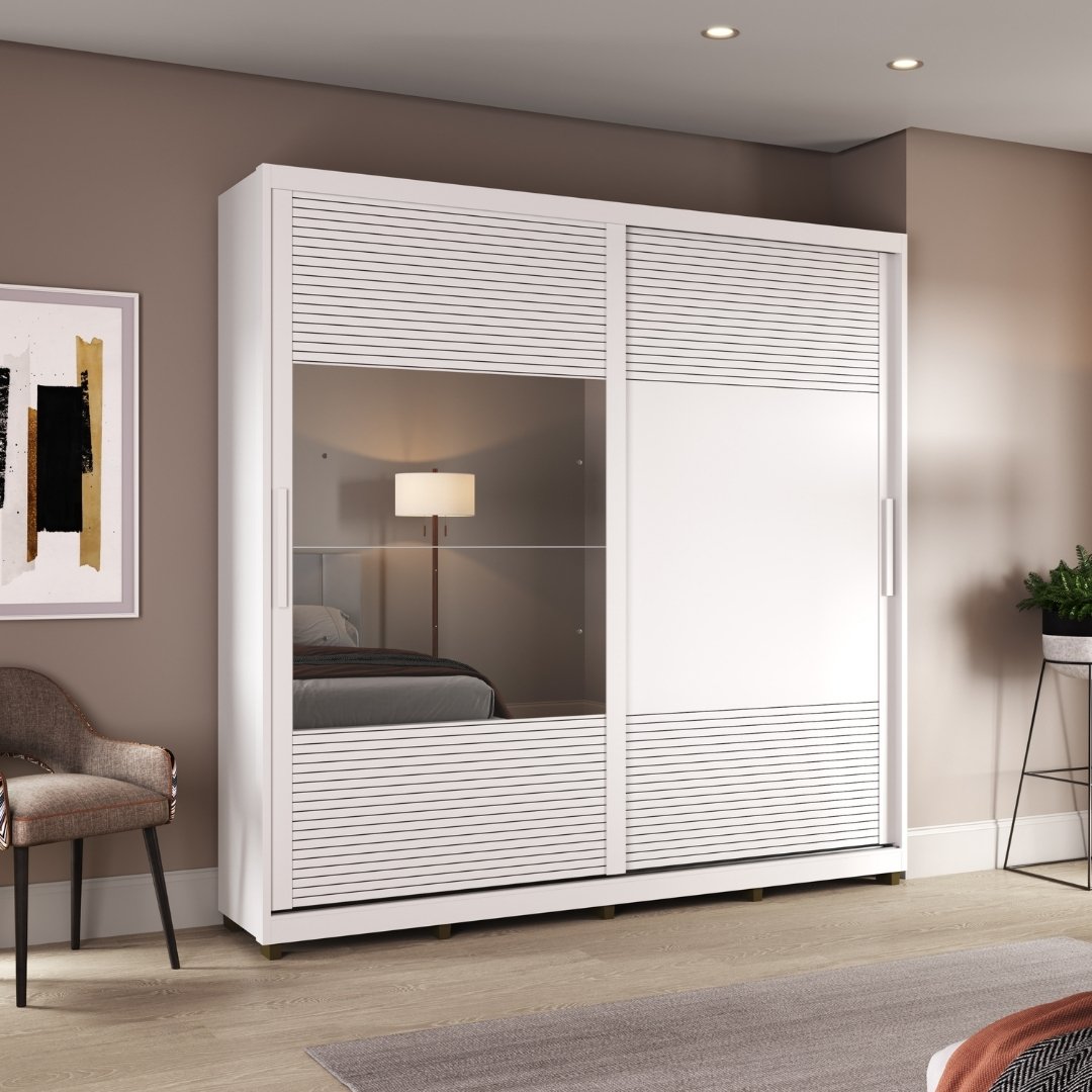 Roupeiro Malthus 237cm 2 Portas 3 Gavetas Mdf Branco / Branco Grafiatto C/ Espelho 520
