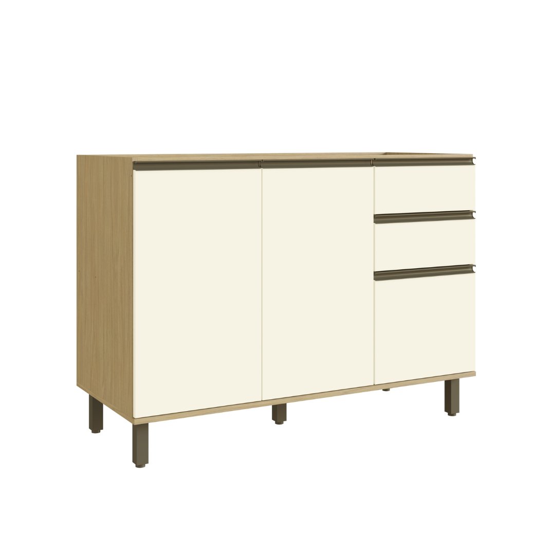 Balcão P/ Pia 120cm 2 Portas 3 Gavetas Mdf Louro Freijó / Champanhe Linha Nova Dubai 3907