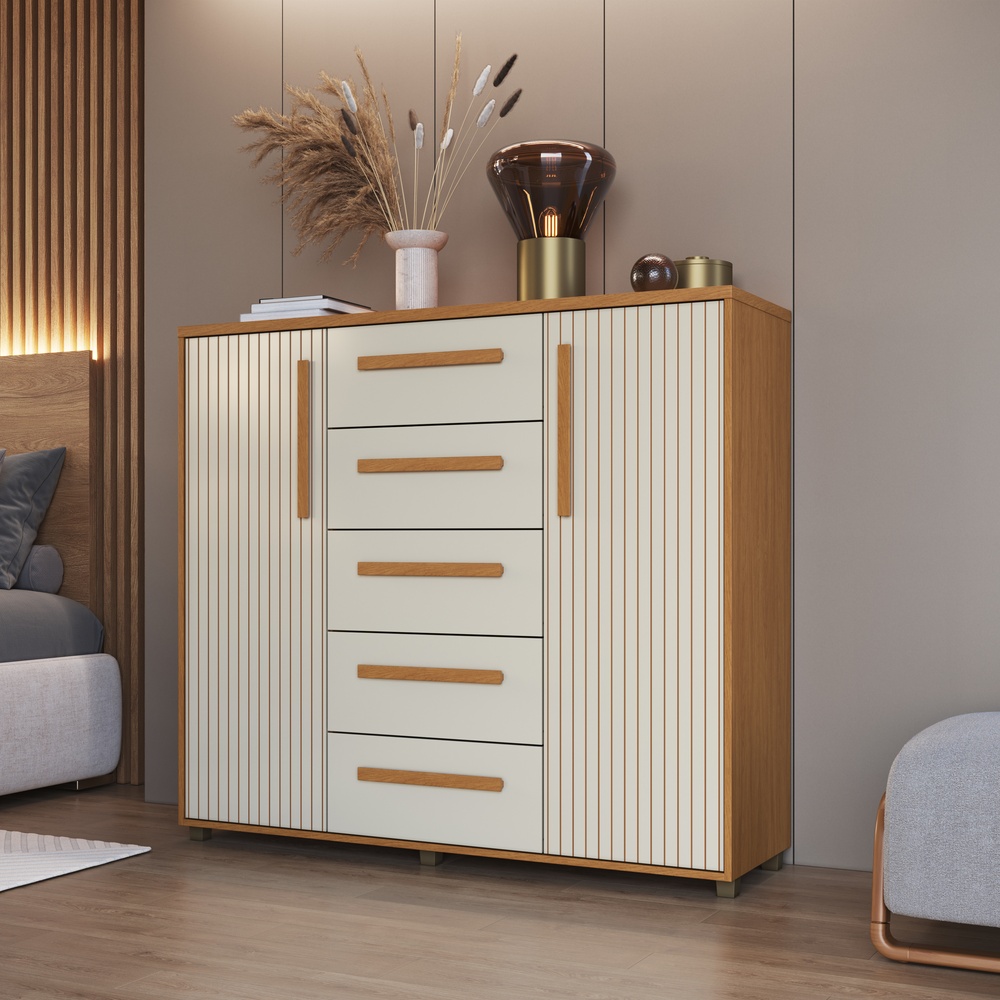 Cômoda Strauss 135cm 2 Portas 5 Gavetas Mdf Nature / Champanhe 528