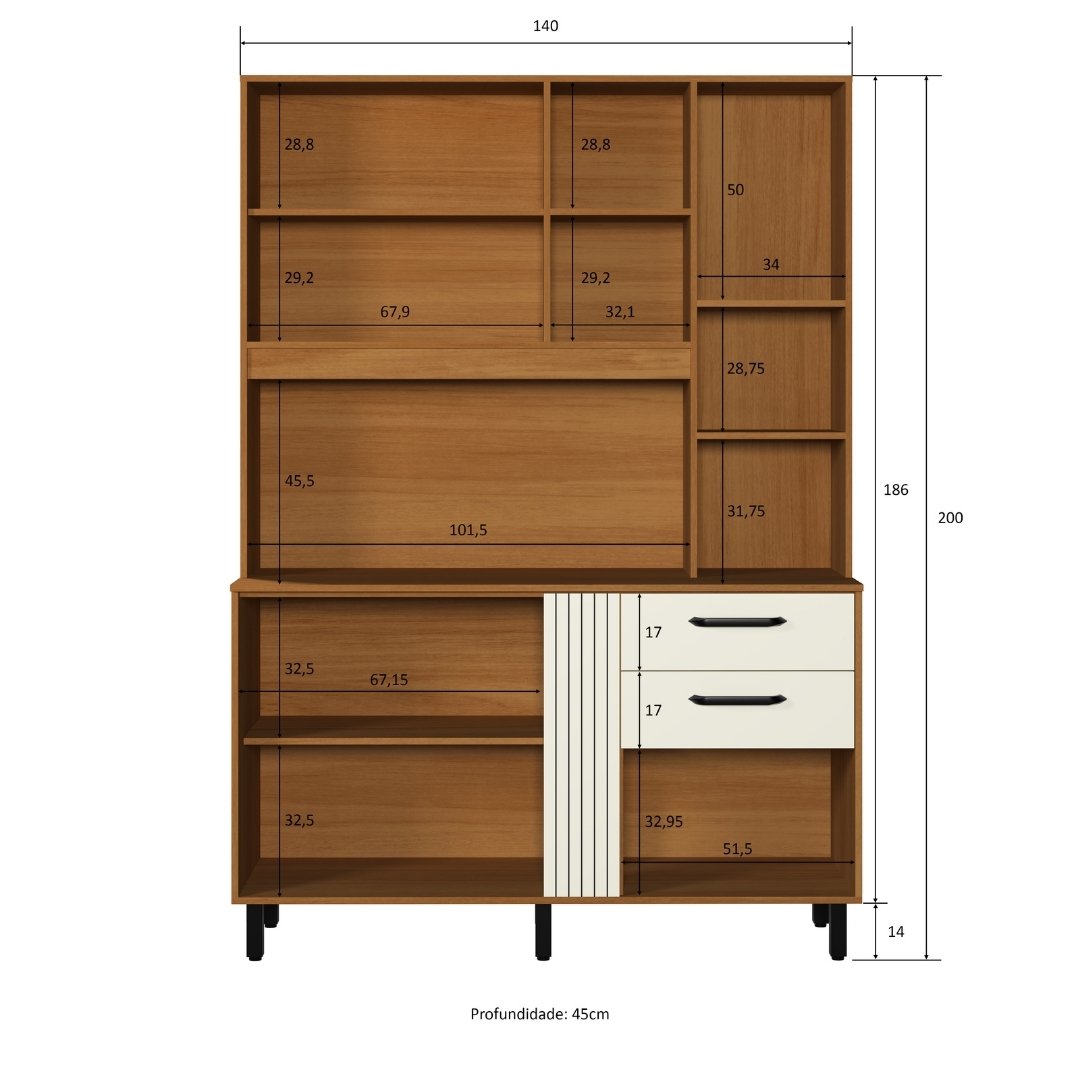 Kit de Cozinha Luna 140cm 6 Portas 2 Gavetas Mdp Nature / Champanhe C/ Tampo 596