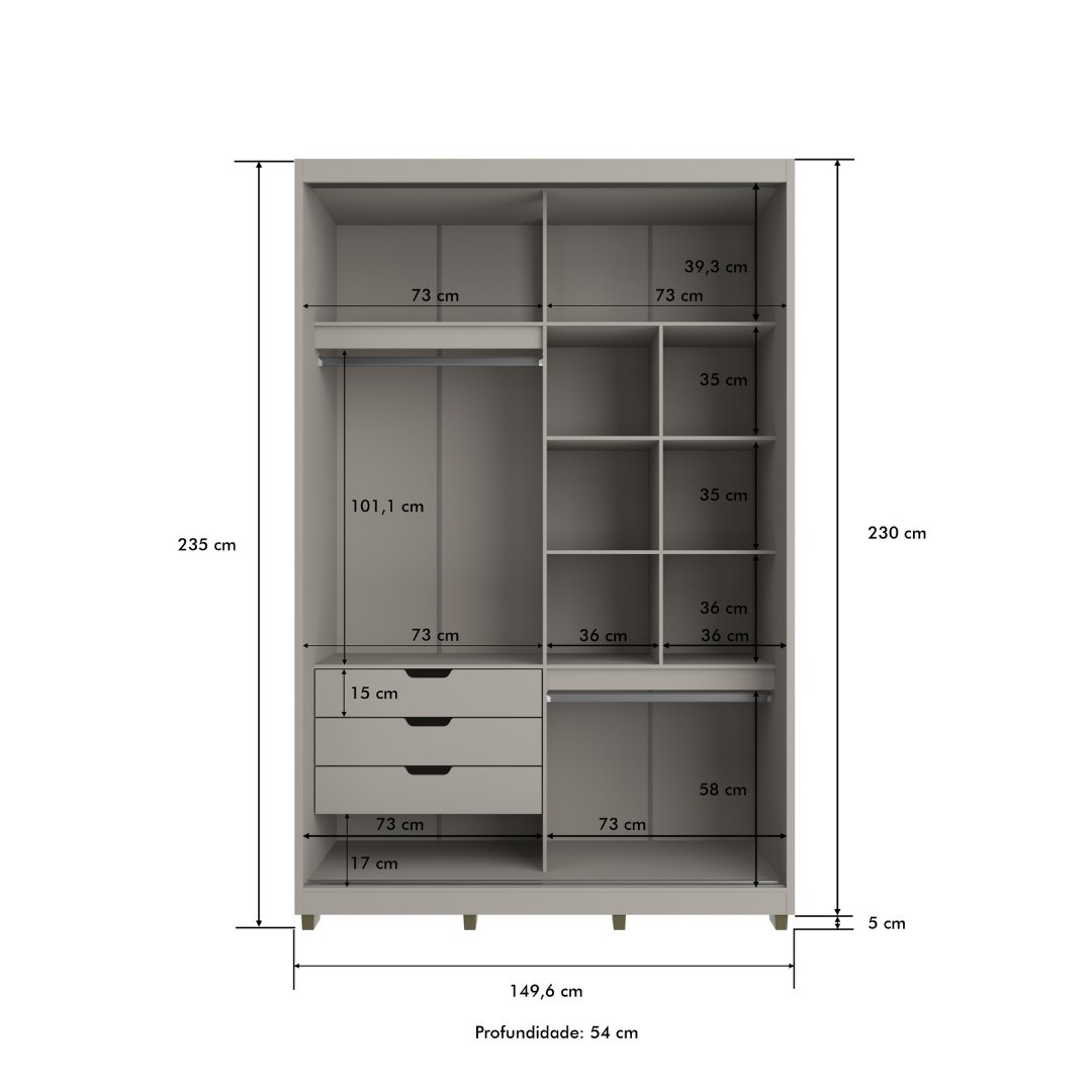 Roupeiro Thales 150cm 2 Portas 3 Gavetas Mdf Cinza / Cinza Grafiatto C/ Espelho 521
