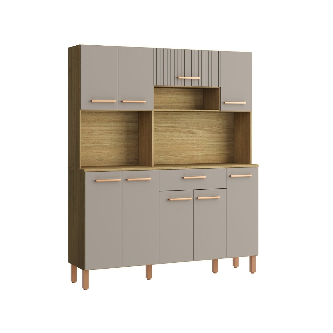 Kit de Cozinha 289 140cm 9 Portas 1 Gaveta Mdp Louro Freijó / Cinza C/ Tampo Espaço P/ Micro-ondas