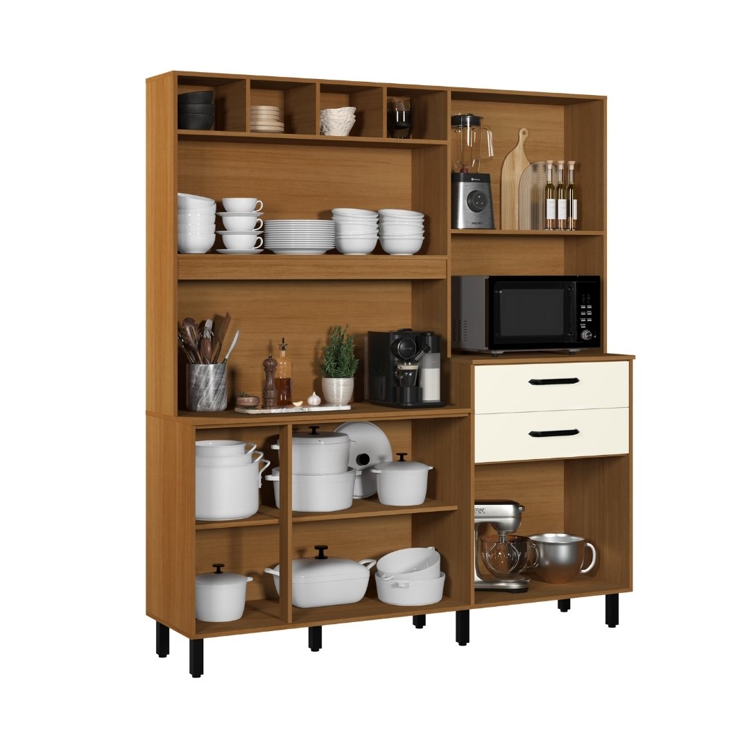 Kit de Cozinha Estrela 175cm 8 Portas 2 Gavetas Mdp Nature / Champanhe C/ Tampo Espaço P/ Micro-ondas 595