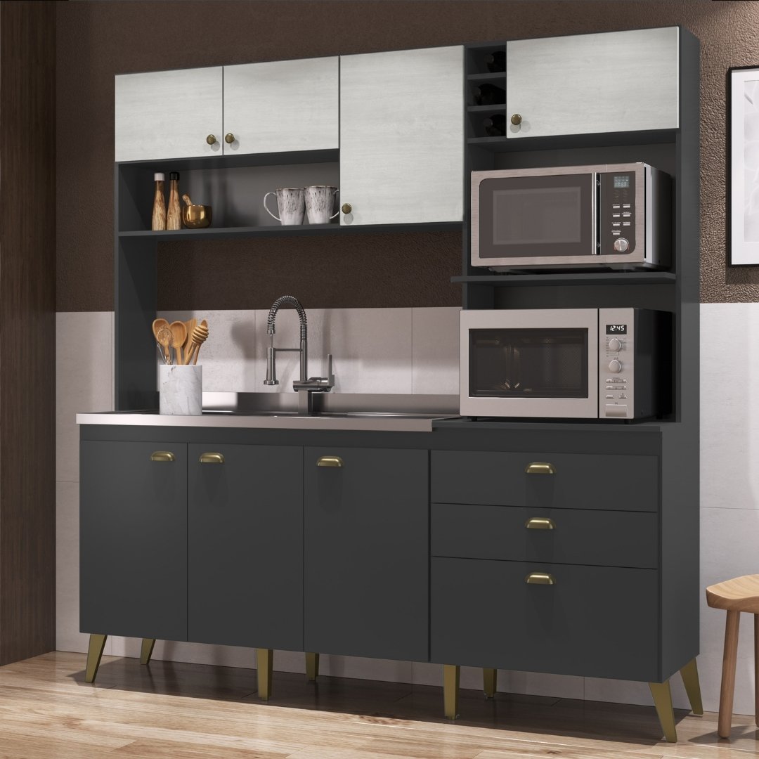 Cozinha Compacta Donna 186,5cm 8 Portas 2 Gavetas Mdp Grafite / Snow C/ Nicho P/ Micro-ondas e Forno El&eacute;trico e Adega 299