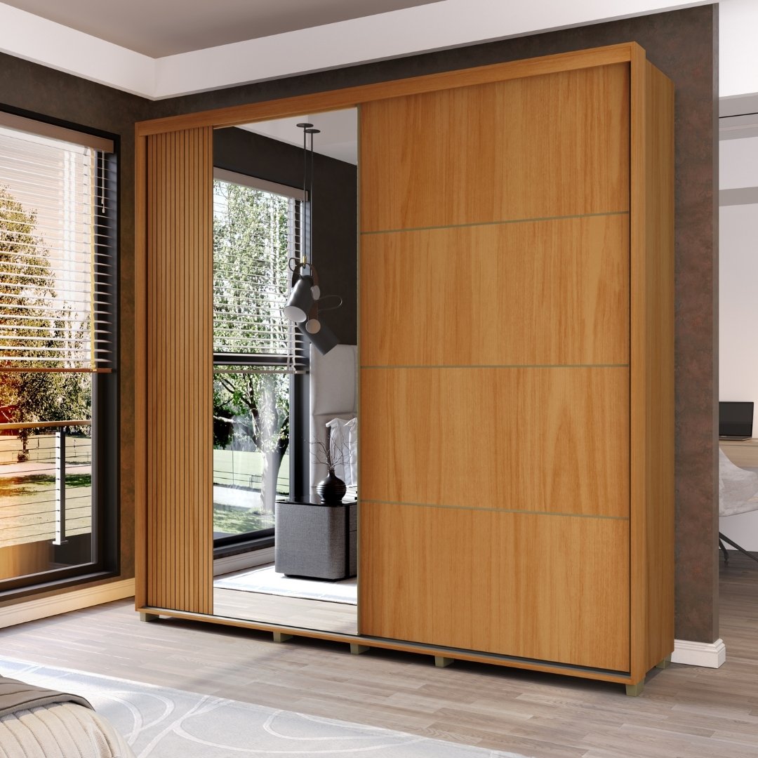 Roupeiro Tesla 240cm 2 Portas 4 Gavetas Mdf Nature / Nature Grafiatto C/ Espelho 501