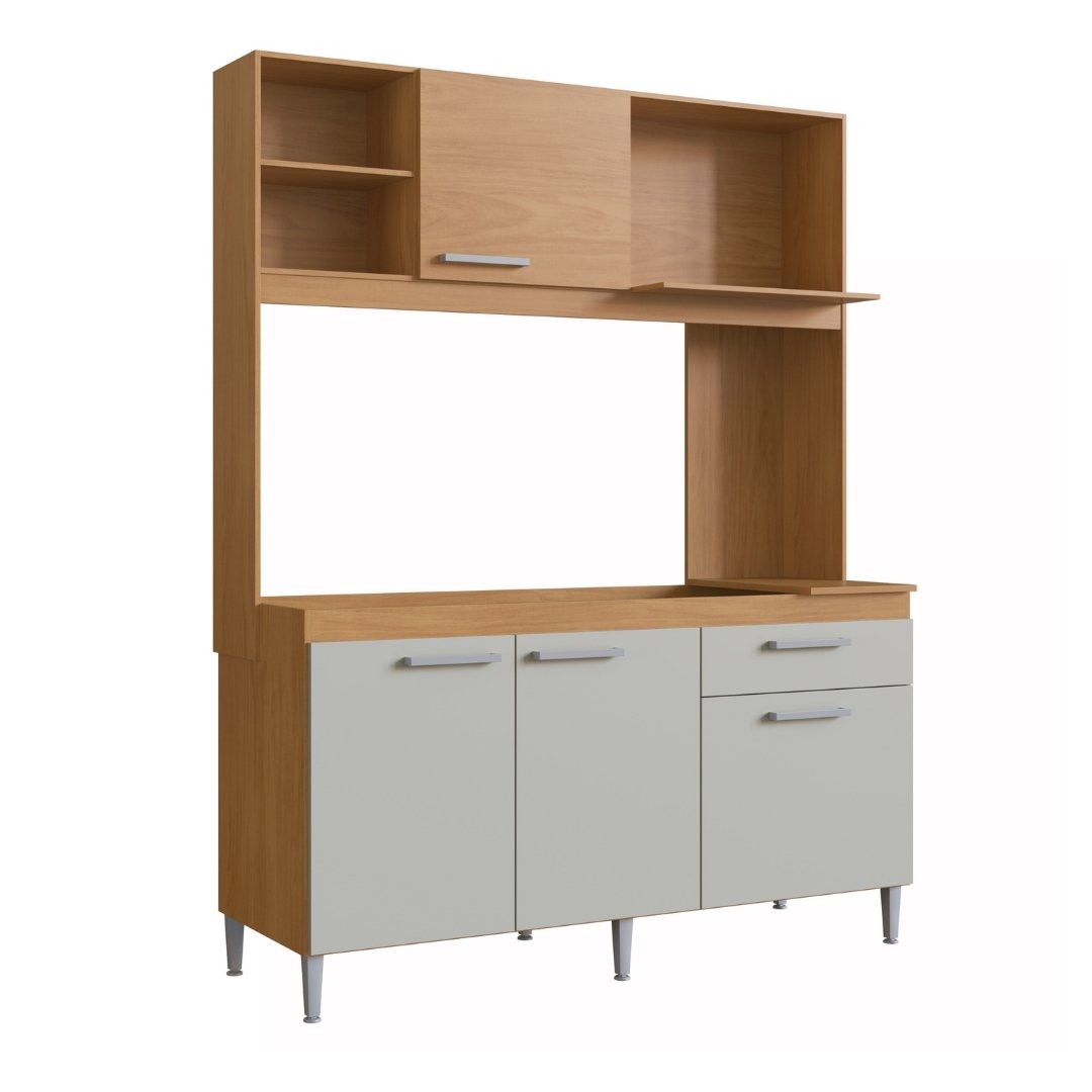 Cozinha Compacta Mali 151,5cm 4 Portas 1 Gaveta Mdp Nature / Off White S/tampo C/ Nicho P/ Micro-ondas 184