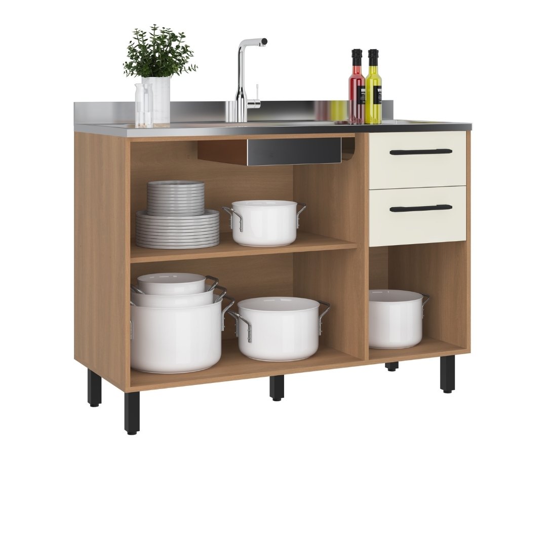 Balcão P/ Pia 120cm 3 Portas 2 Gavetas Mdp Rovere / Champanhe Linha Havana 3607