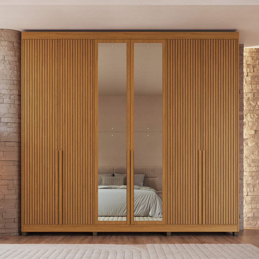Roupeiro Newton 250cm 6 Portas 4 Gavetas Mdf Nature / Nature Grafiatto C/ Espelho 517