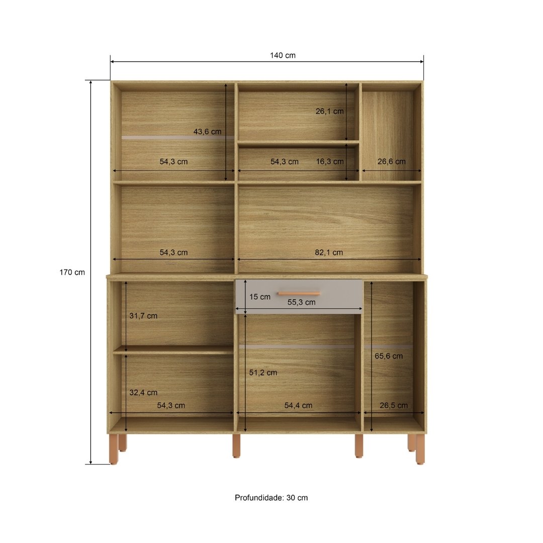 Kit de Cozinha 289 140cm 9 Portas 1 Gaveta Mdp Louro Freijó / Cinza C/ Tampo Espaço P/ Micro-ondas