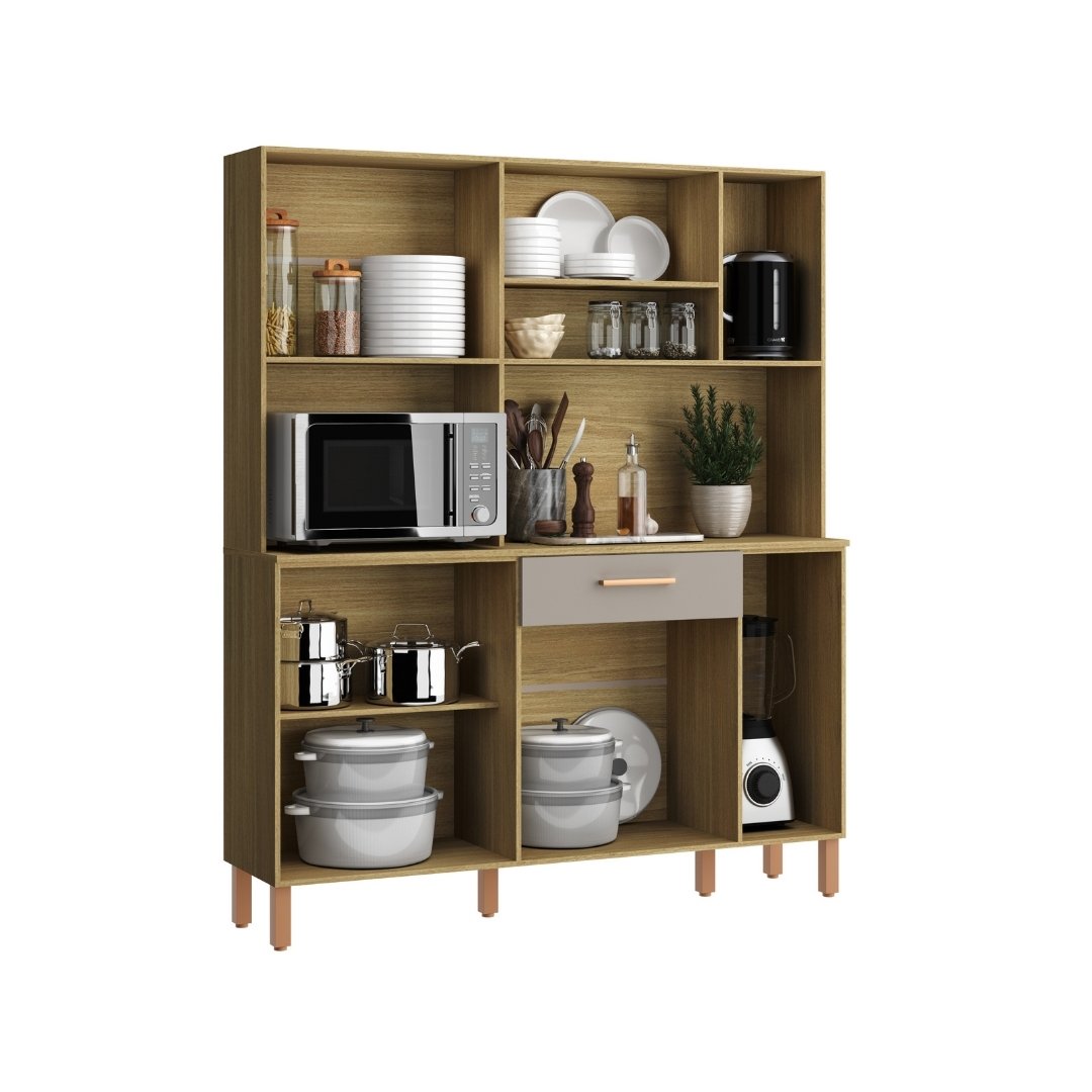 Kit de Cozinha 289 140cm 9 Portas 1 Gaveta Mdp Louro Freijó / Cinza C/ Tampo Espaço P/ Micro-ondas