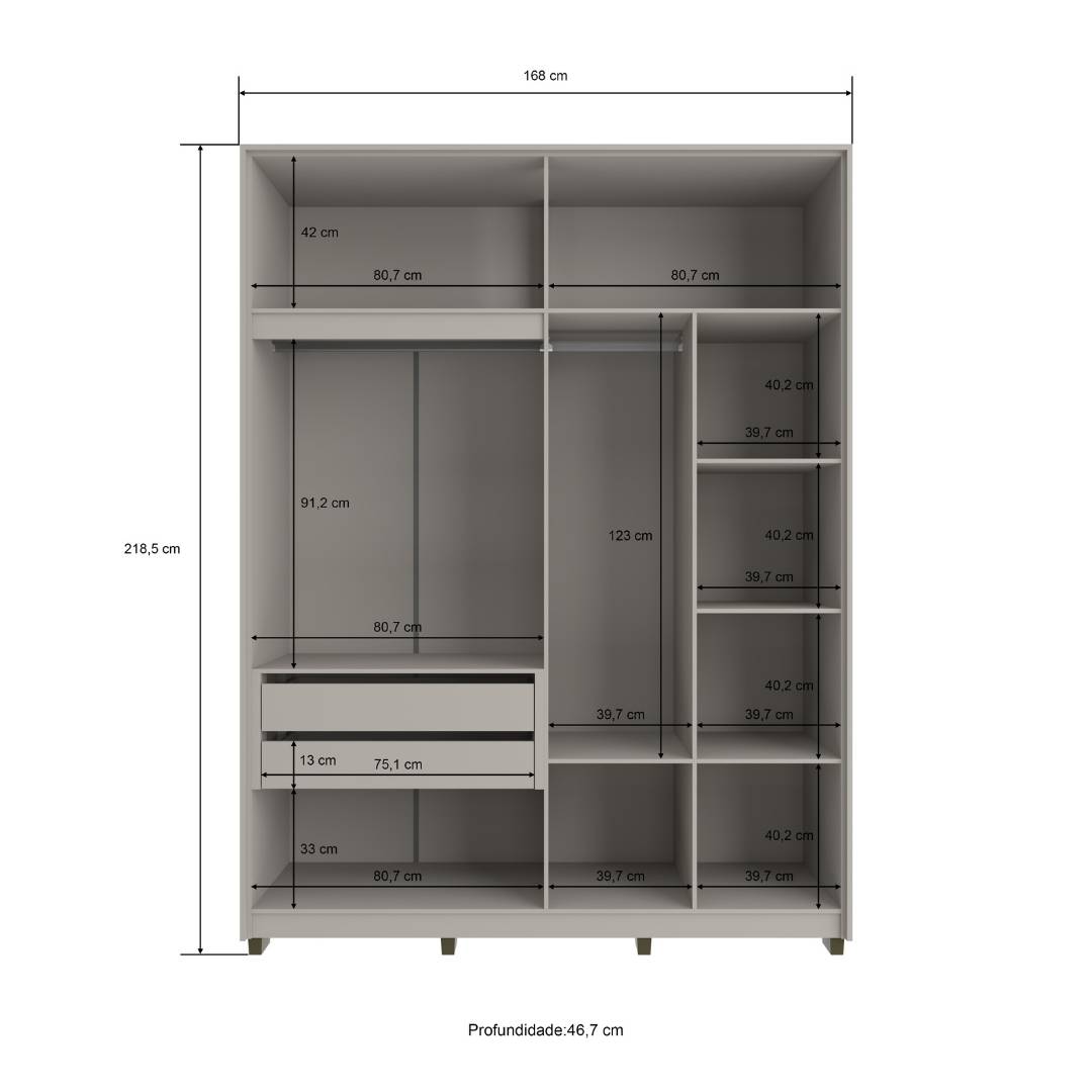 Roupeiro Órion 168cm 4 Portas 2 Gavetas Mdf Cinza / Cinza C/ Espelho 522