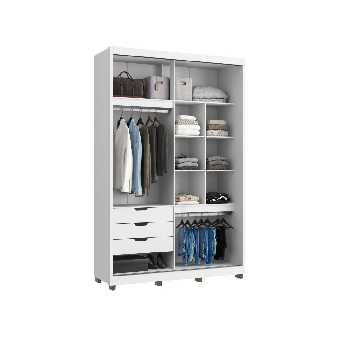 Roupeiro Thales 150cm 2 Portas 3 Gavetas Mdf Branco / Branco Grafiatto S/ Espelho 521