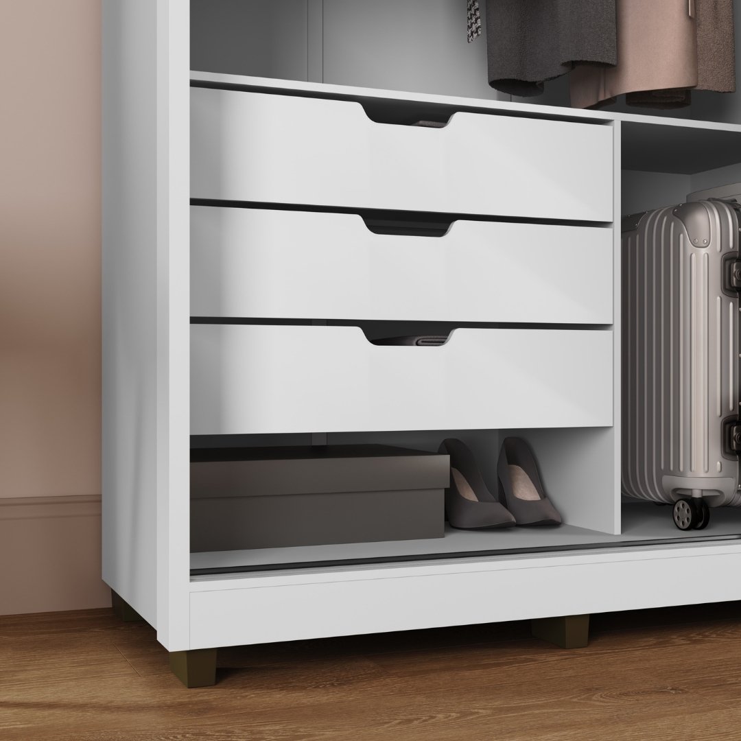 Roupeiro Malthus 237cm 2 Portas 3 Gavetas Mdf Branco / Branco Grafiatto C/ Espelho 520