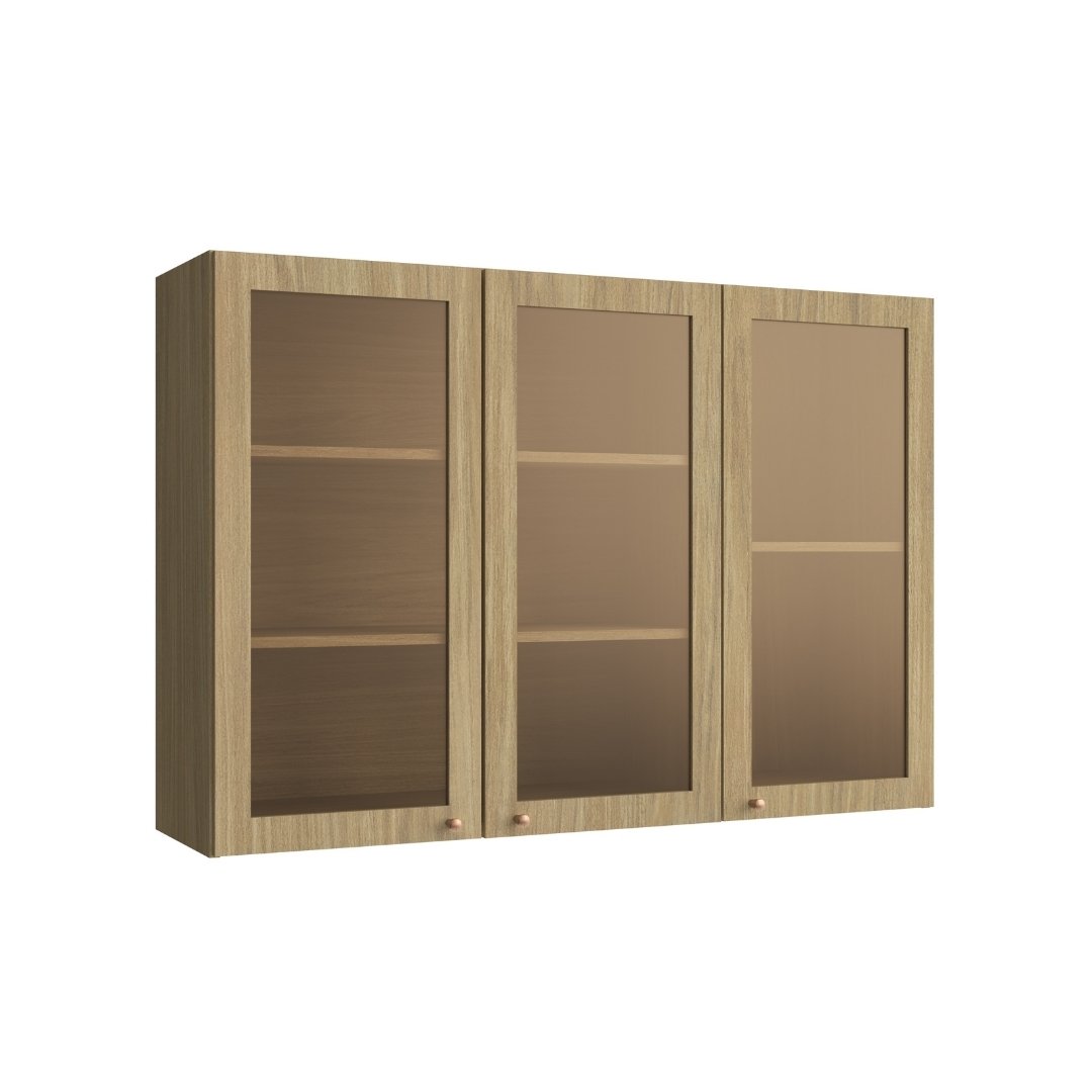 Armário Aéreo Alto 120cm 3 Portas Vidro Reflecta Mdf Louro Freijó / Louro Freijó Linha Sardenha 4119