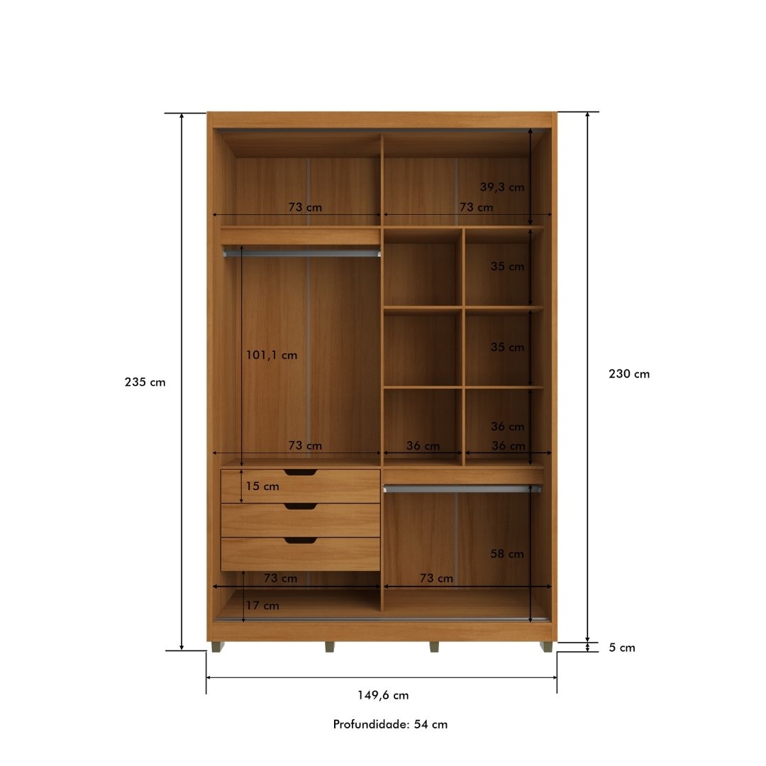 Roupeiro Thales 150cm 2 Portas 3 Gavetas Mdf Nature / Nature Grafiatto C/ Espelho 521