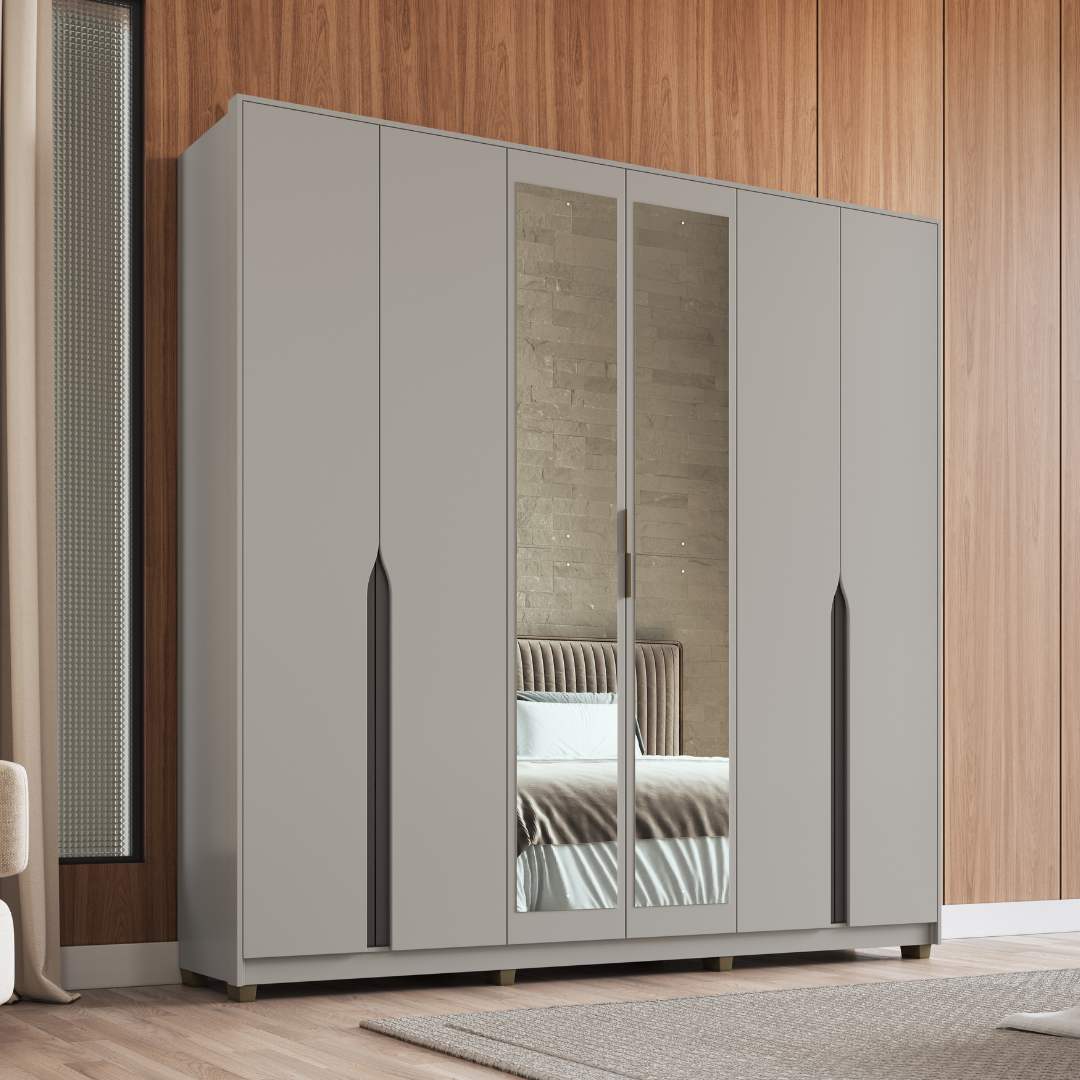 Roupeiro Voltaire 235,5cm 6 Portas 4 Gavetas Mdf Cinza / Cinza C/ Espelho 525