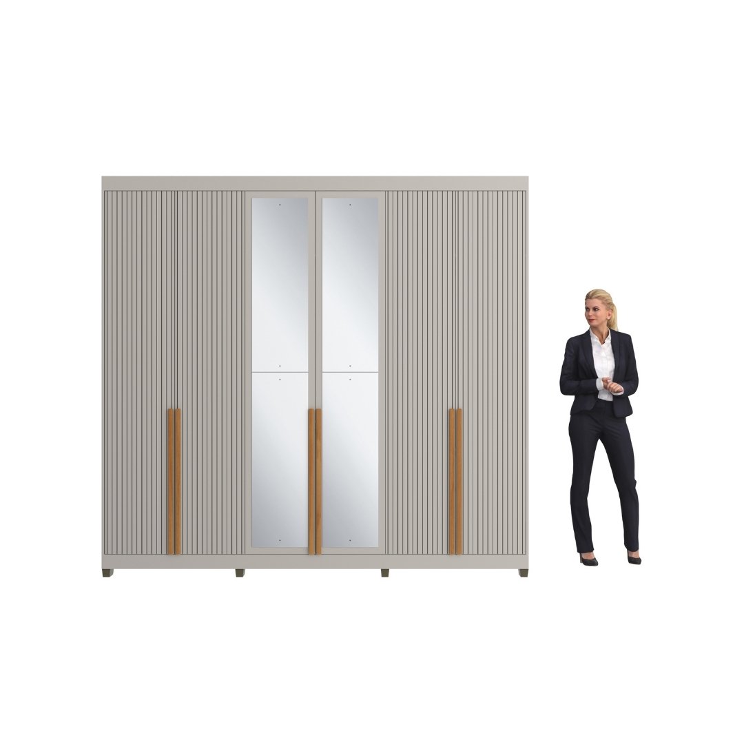 Roupeiro Newton 250cm 6 Portas 4 Gavetas Mdf Cinza / Cinza Puxador Nature Grafiatto C/ Espelho 517